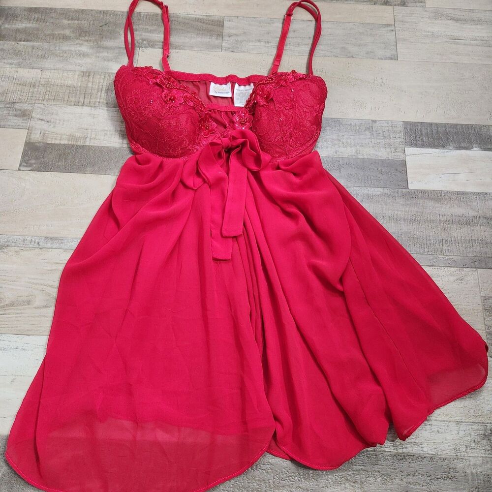 Babydoll Nightgown Negligee Sheer Sexy Red W/Padded Cups Sophia Delicates Sz M
